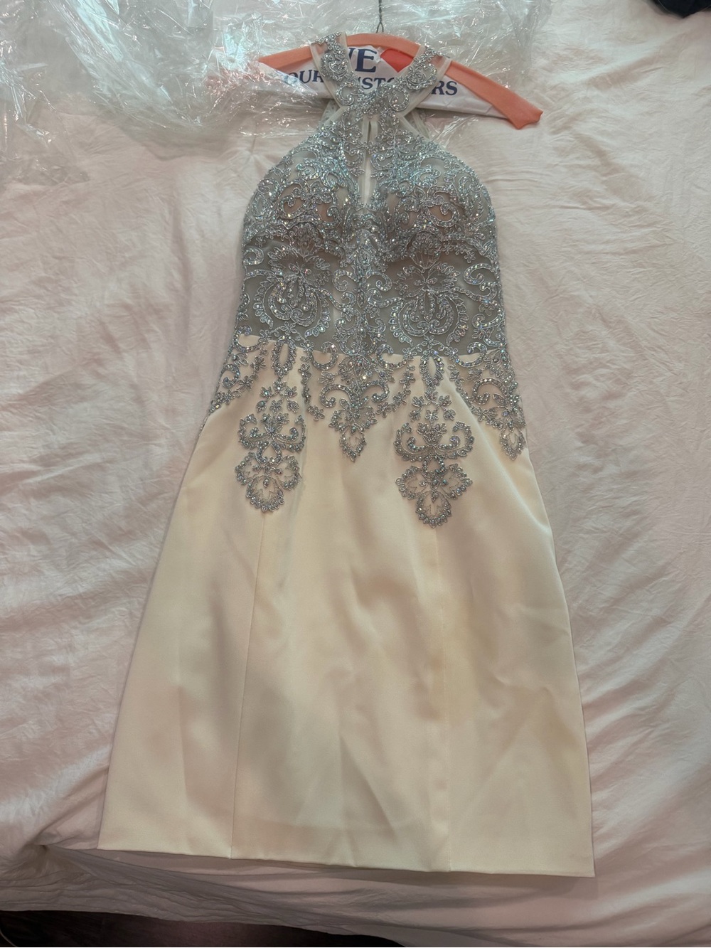 Jovani Silver Beaded Halter Ivory Prom Dress